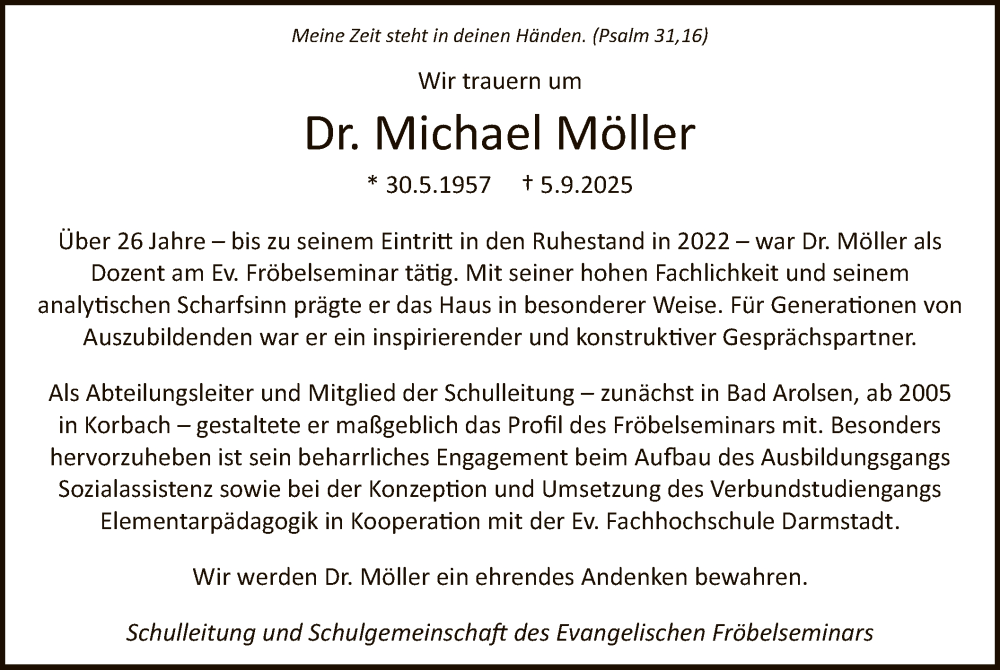  Traueranzeige für Michael Möller vom 27.09.2025 aus HNAWLZ