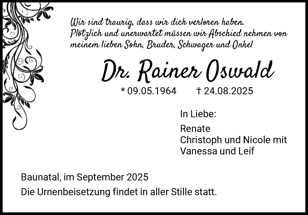 Traueranzeige für Rainer Oswald vom 13.09.2025 aus HNA