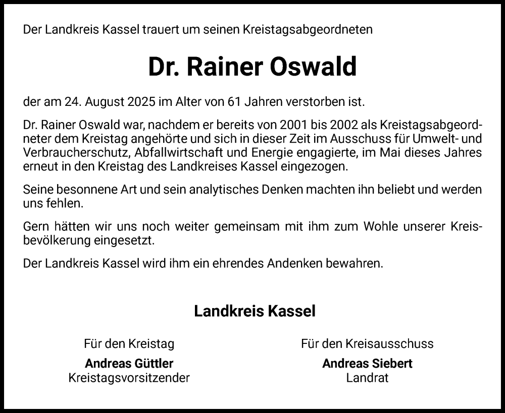 Traueranzeige für Rainer Oswald vom 13.09.2025 aus HNA