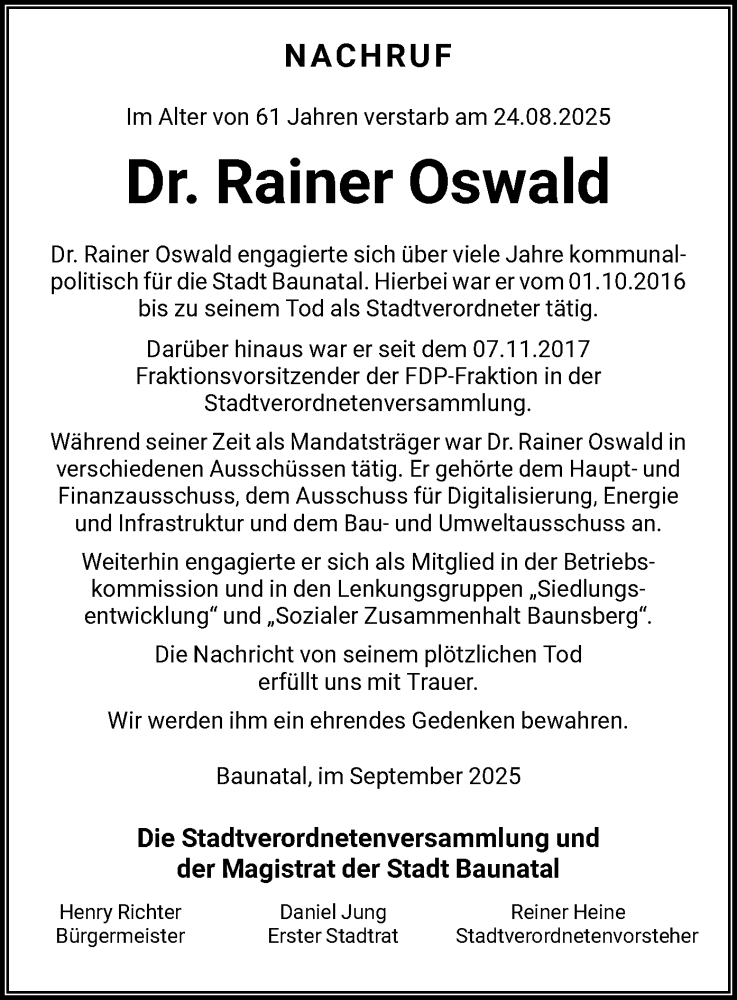  Traueranzeige für Rainer Oswald vom 13.09.2025 aus HNA