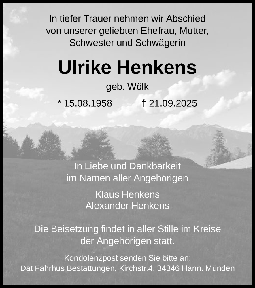  Traueranzeige für Ulrike Henkens vom 27.09.2025 aus HNA