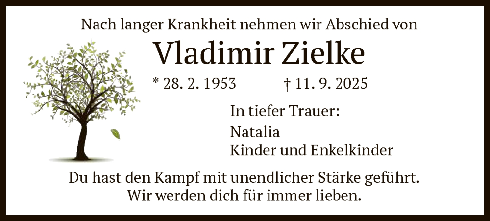  Traueranzeige für Vladimir Zielke vom 15.09.2025 aus HNA