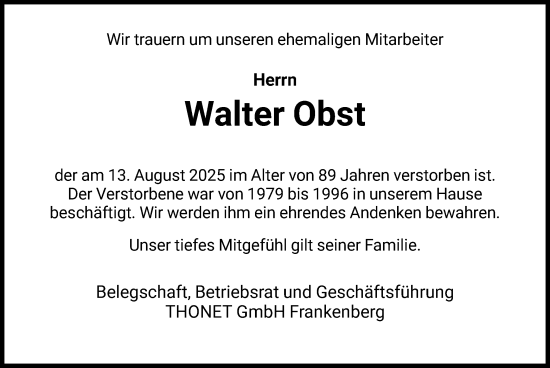 Traueranzeige von Walter Obst von HNA