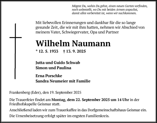Traueranzeige von Wilhelm Naumann von HNA