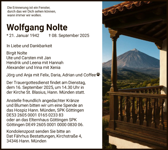 Traueranzeige von Wolfgang Nolte von HNA