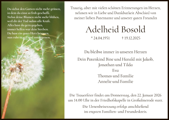 Traueranzeige von Adelheid Bosold von HNA