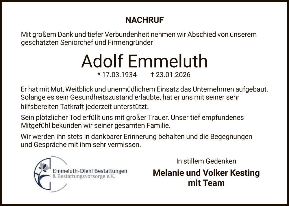  Traueranzeige für Adolf Emmeluth vom 28.01.2026 aus HNA