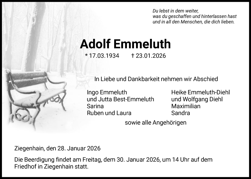  Traueranzeige für Adolf Emmeluth vom 28.01.2026 aus HNA