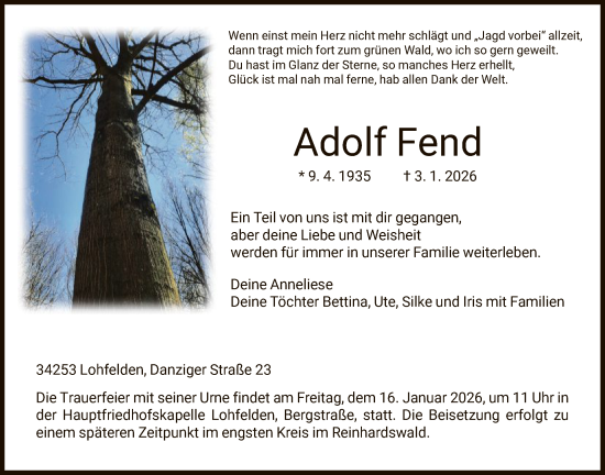Traueranzeige von Adolf Fend von HNAHNA