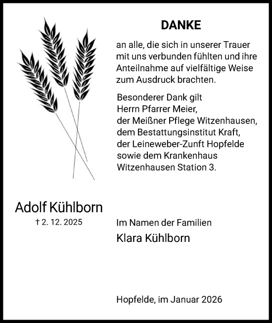 Traueranzeige von Adolf Kühlborn von HNA