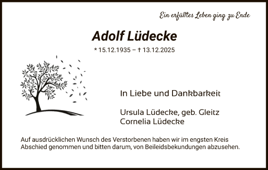 Traueranzeige von Adolf Lüdecke von HNA