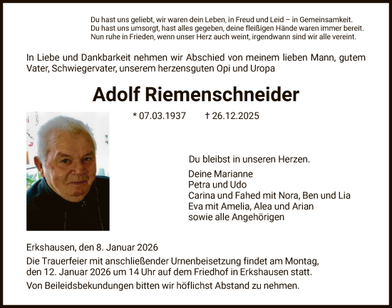Traueranzeige von Adolf Riemenschneider von HNA