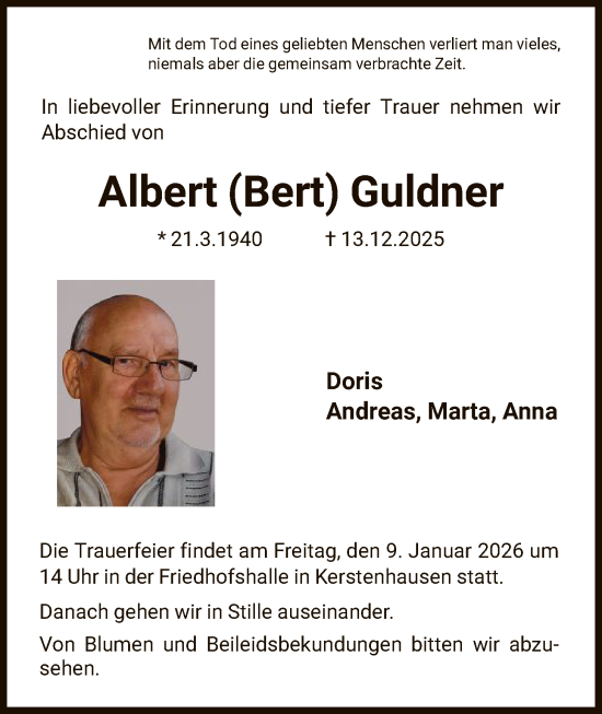 Traueranzeige von Albert Guldner von HNA