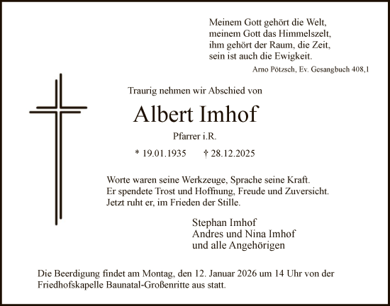 Traueranzeige von Albert Imhof von HNA