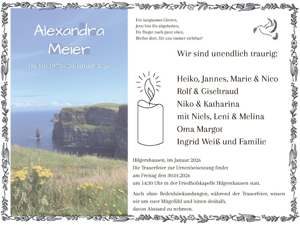  Traueranzeige für Alexandra Meier vom 27.01.2026 aus HNAHNA