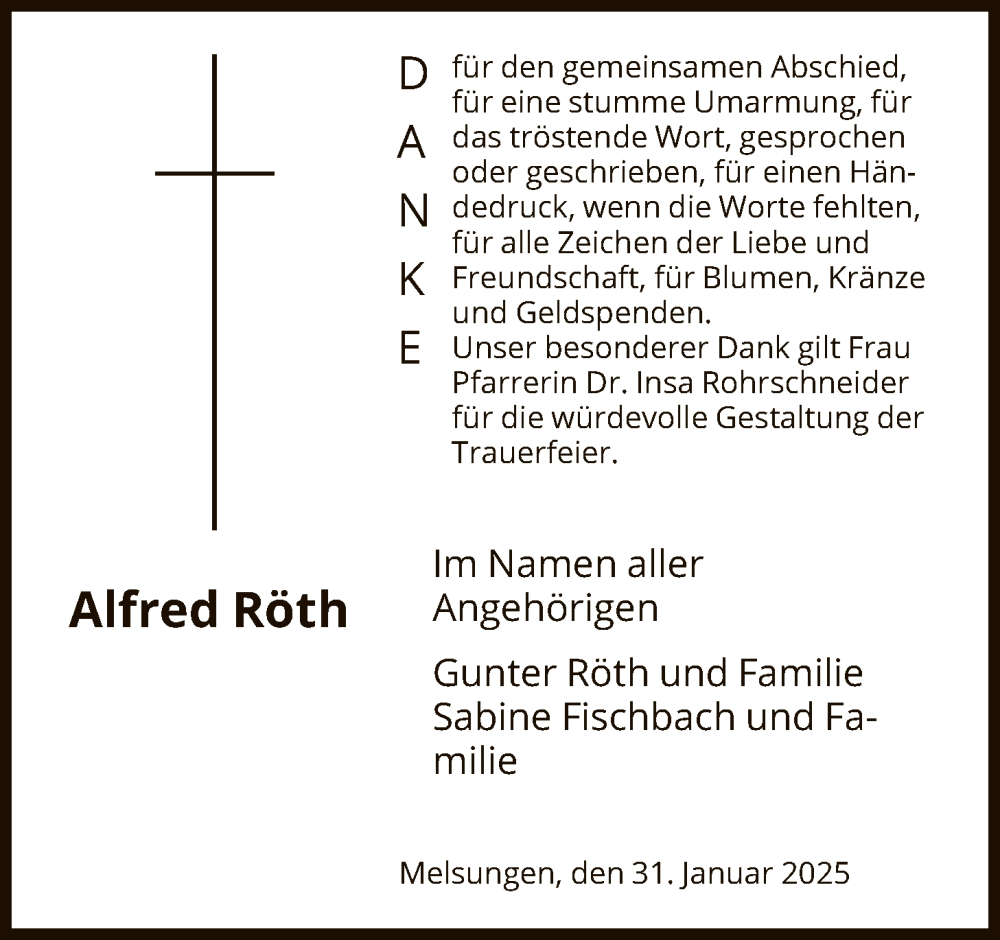  Traueranzeige für Alfred Röth vom 31.01.2026 aus HNAHNA