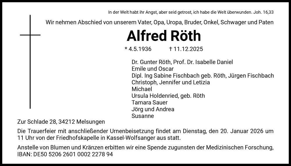  Traueranzeige für Alfred Röth vom 10.01.2026 aus HNAHNA