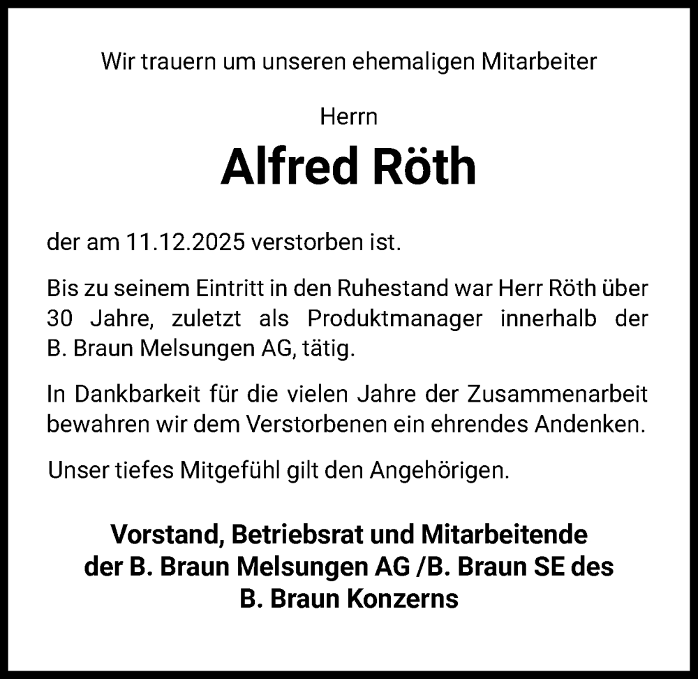  Traueranzeige für Alfred Röth vom 14.01.2026 aus HNA