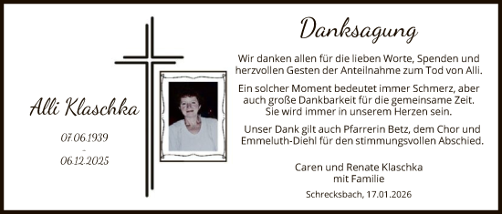Traueranzeige von Alli Klaschka von HNA