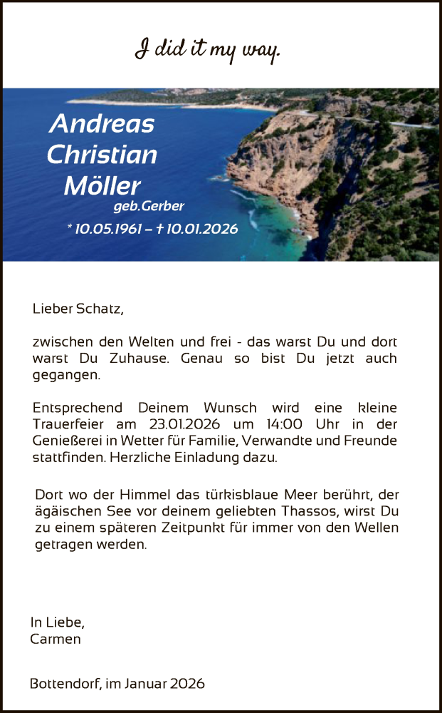 Traueranzeige für Andreas Christian Möller vom 13.01.2026 aus HNA