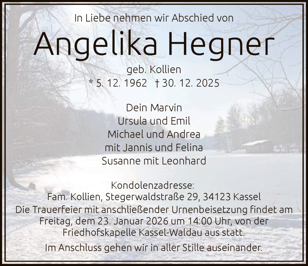  Traueranzeige für Angelika Hegner vom 17.01.2026 aus HNA