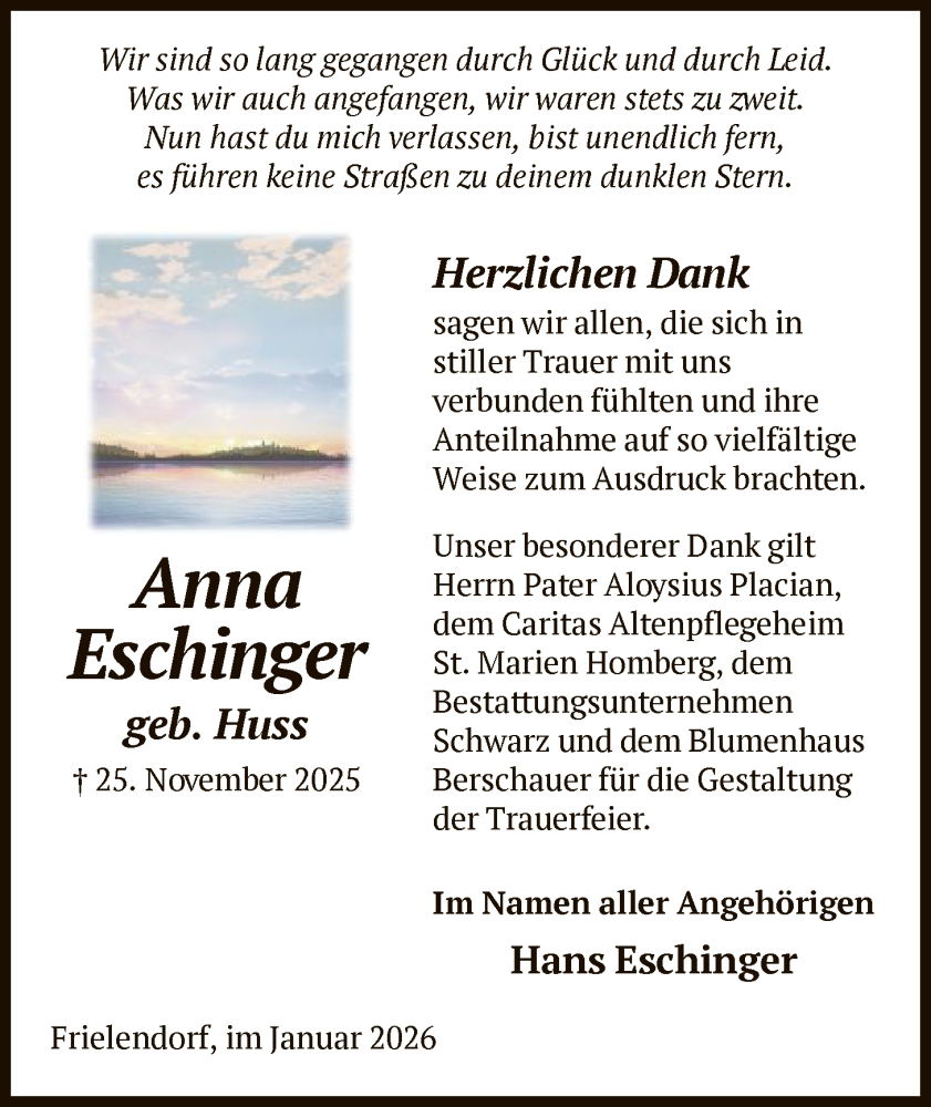  Traueranzeige für Anna Eschinger vom 10.01.2026 aus HNA