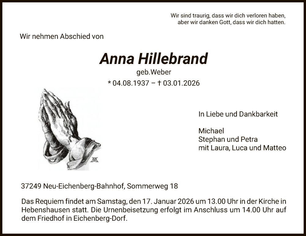  Traueranzeige für Anna Hillebrand vom 10.01.2026 aus HNA