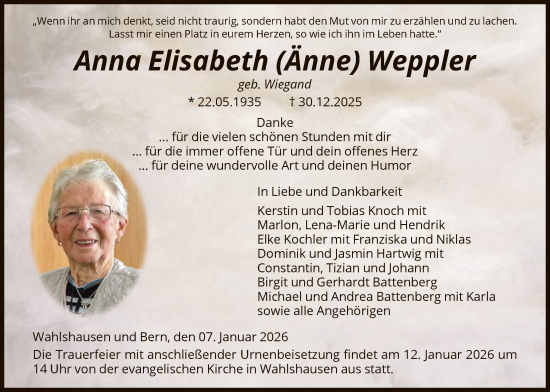 Traueranzeige von Anna Elisabeth Weppler von HNAHZ