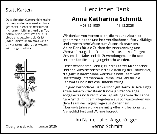Traueranzeige von Anna Katharina Schmitt von HNA