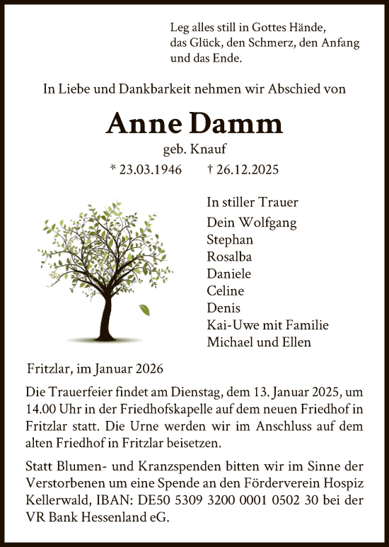 Traueranzeige von Anne Damm von HNA