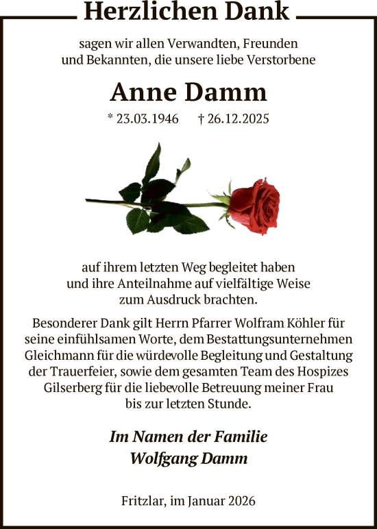 Traueranzeige von Anne Damm von HNA