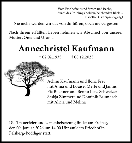 Traueranzeige von Annechristel Kaufmann von HNA