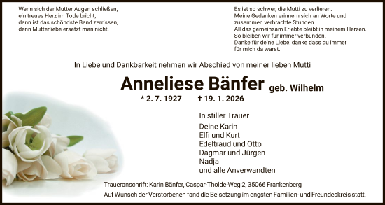Traueranzeige von Anneliese Bänfer von HNA
