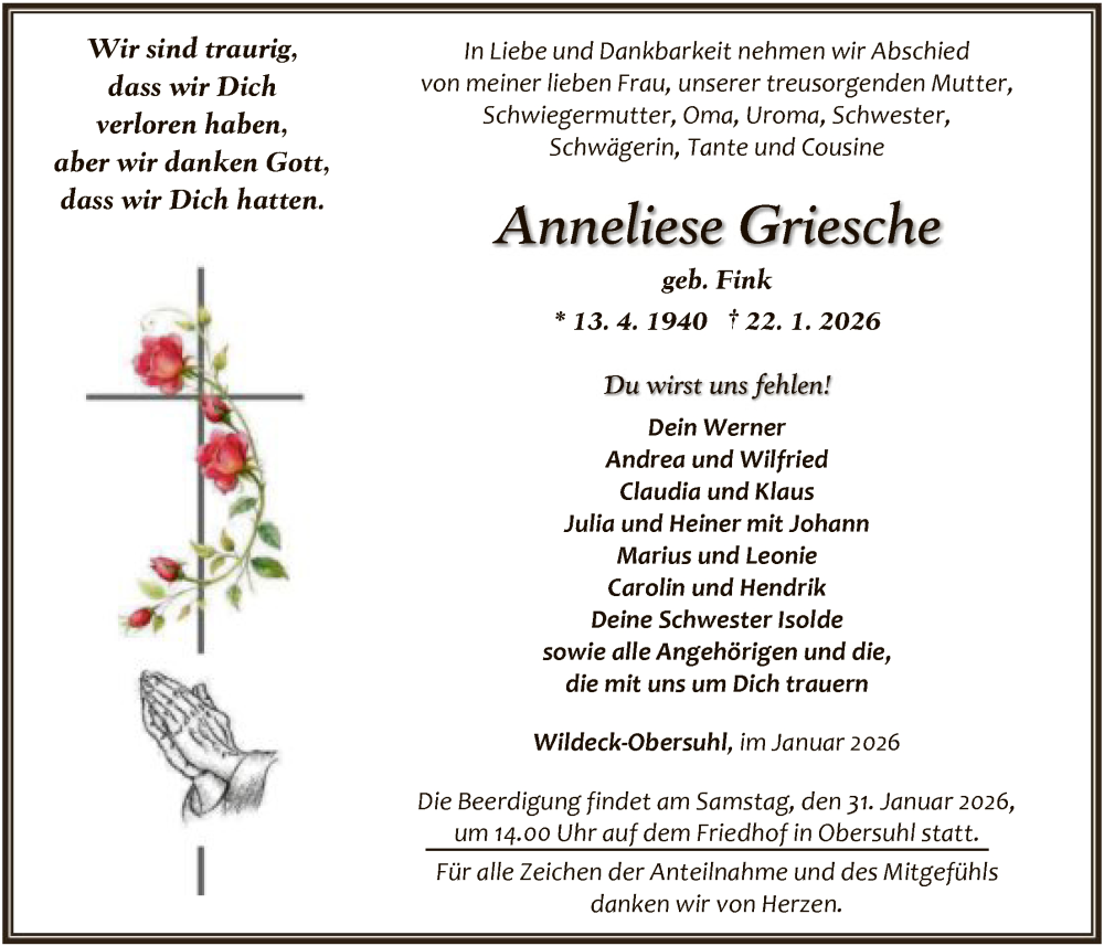  Traueranzeige für Anneliese Griesche vom 27.01.2026 aus HNA