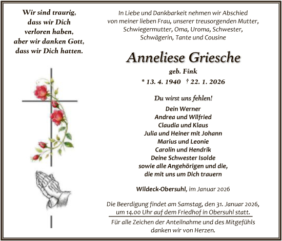 Traueranzeige von Anneliese Griesche von HNA