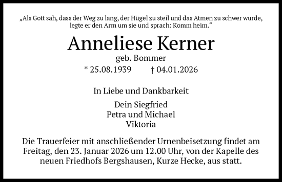 Traueranzeige von Anneliese Kerner von HNA
