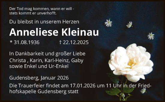Traueranzeige von Anneliese Kleinau von HNA