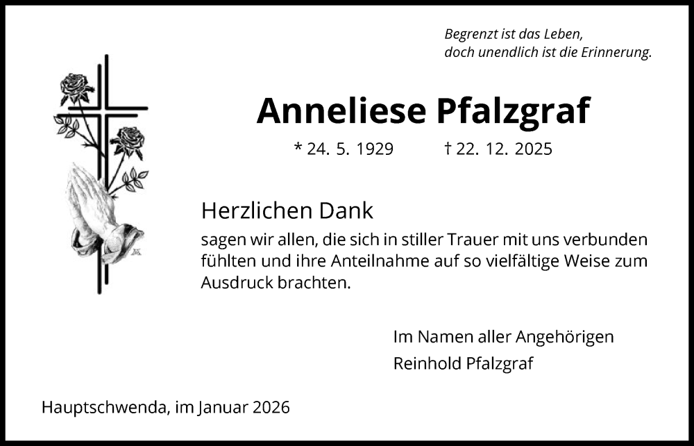  Traueranzeige für Anneliese Pfalzgraf vom 24.01.2026 aus HNA