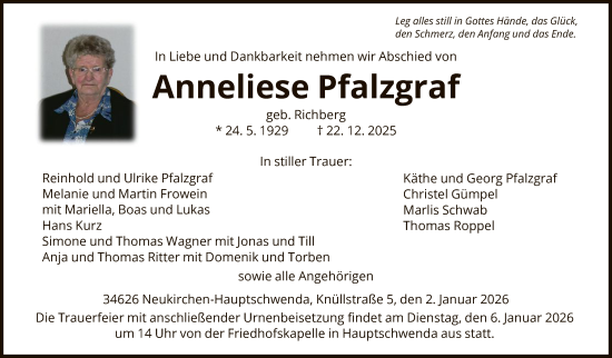 Traueranzeige von Anneliese Pfalzgraf von HNA