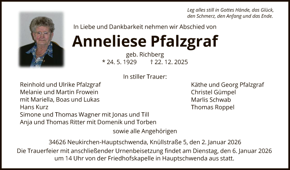 Traueranzeige für Anneliese Pfalzgraf vom 02.01.2026 aus HNA