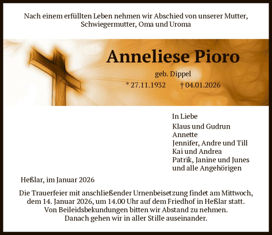 Traueranzeige von Anneliese Pioro von HNA