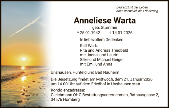 Traueranzeige von Anneliese Warta von HNA