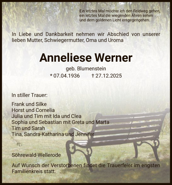 Traueranzeige von Anneliese Werner von HNA