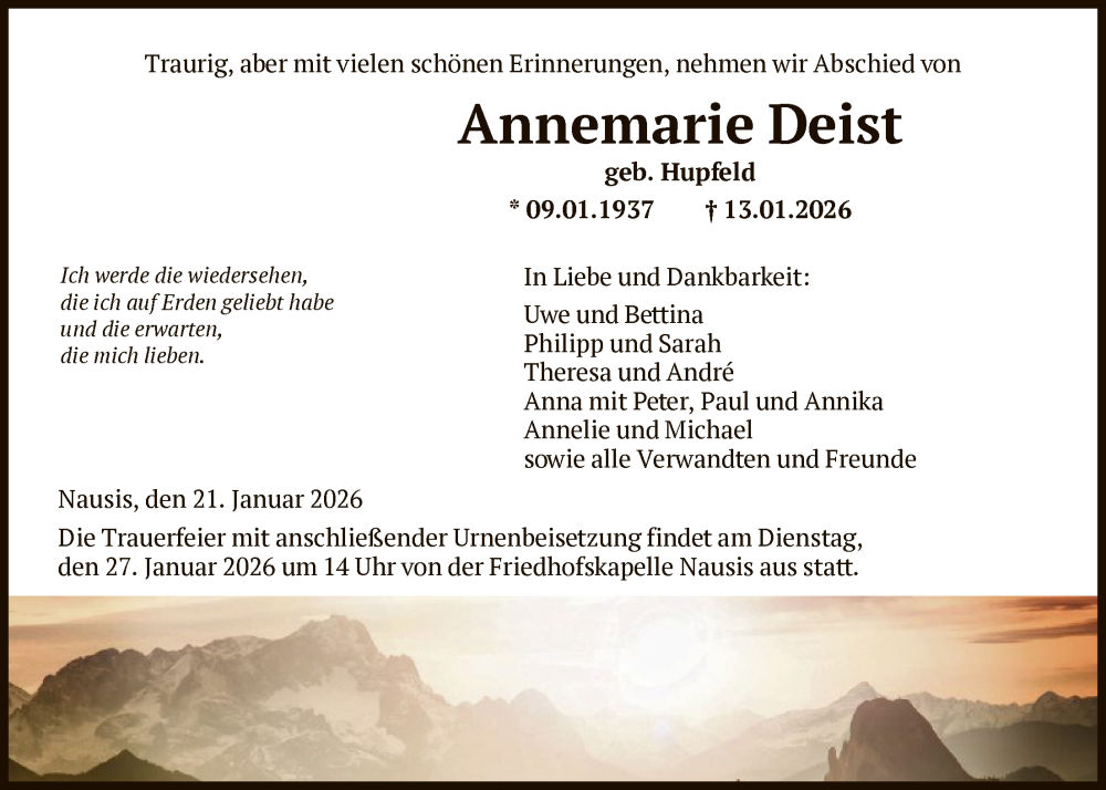  Traueranzeige für Annemarie Deist vom 21.01.2026 aus HNA