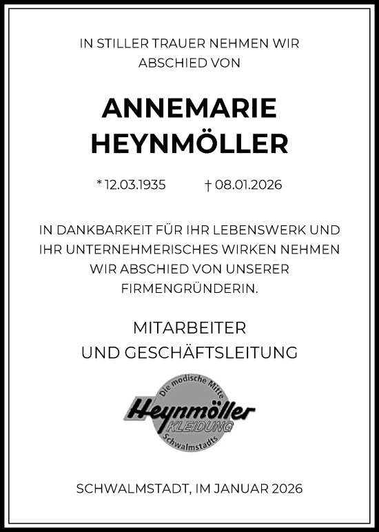 Traueranzeige von Annemarie Heynmöller von HNA