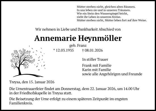 Traueranzeige von Annemarie Heynmöller von HNA