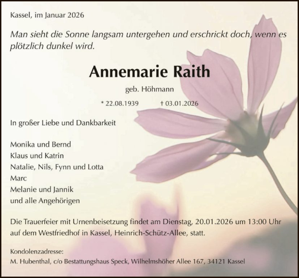  Traueranzeige für Annemarie Raith vom 17.01.2026 aus HNA