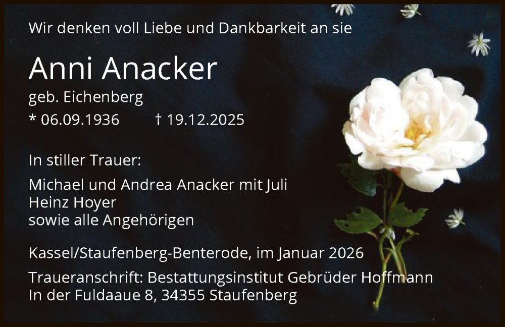  Traueranzeige für Anni Anacker vom 03.01.2026 aus HNA