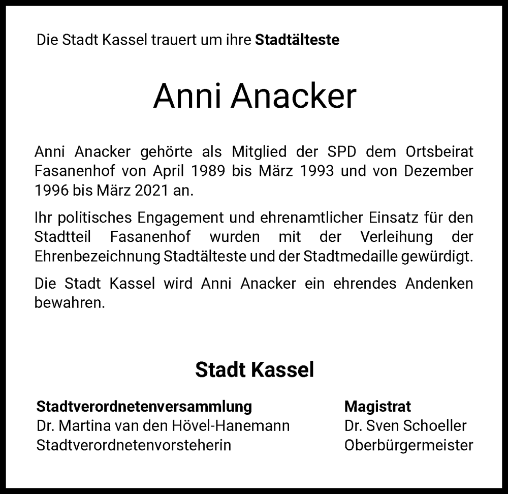  Traueranzeige für Anni Anacker vom 03.01.2026 aus HNA