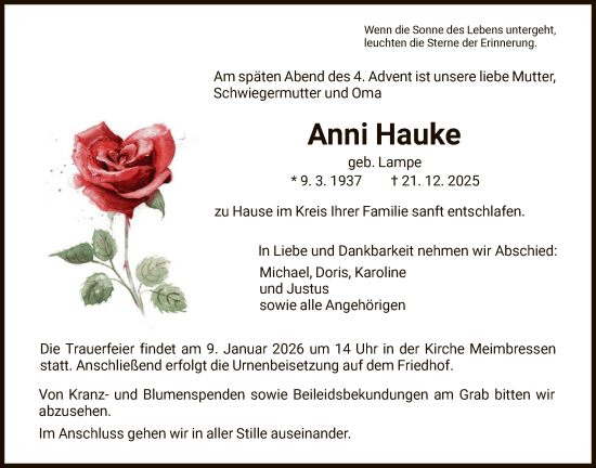 Traueranzeige von Anni Hauke von HNA